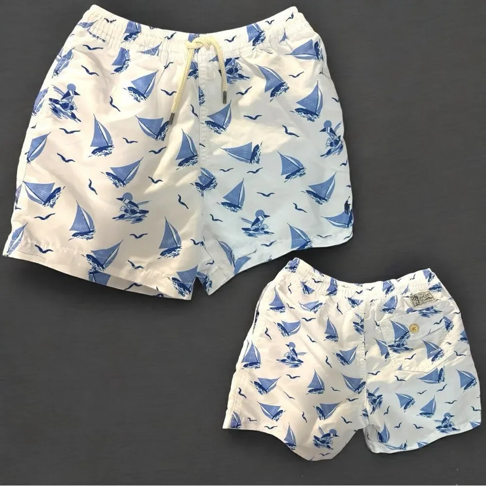 POLO RALPH LAUREN Traveler Polo Bear Swim Trunk Boys Size 7 Blue White